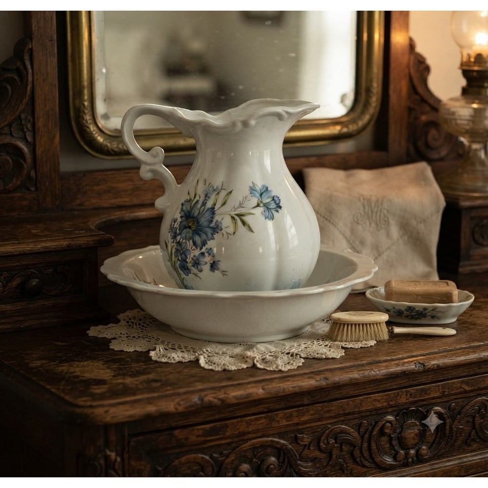 Inarco Japan Blue Floral Pitcher & Bowl Set Vintage Porcelain E-4542 White Blue